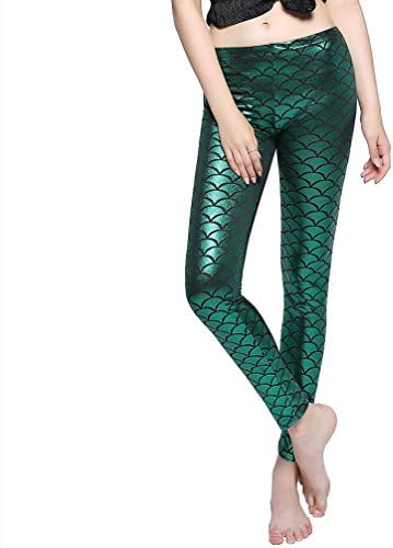 Dolloly Womens Mermaid Leggings Fish Scale Leggings Shiny Tight Pants Digital Print Stretchy Leggings