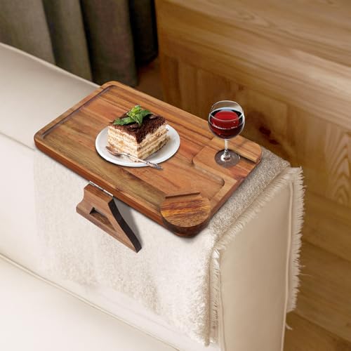 Comfoyar Sofa Arm Tray, Wooden Table Armrest Clip Sofa with Wine Glasses Holder, Folding Sofa Table with Phone Holder Rotatable 360°, Sofa Tray for Appetizers Drinks Remote Control
