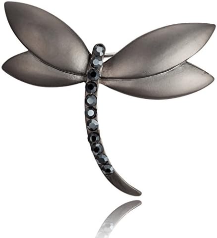 Curved Dragonfly Design with Black Colored Rhinestone Matte Plated Brooch Pin