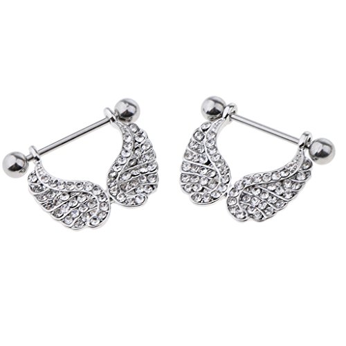 Dolity 1 Pair Stainless Steel Accent Angel Wings Nipple Shield 16g Full Crystal 16g - White - Thumbnail 5