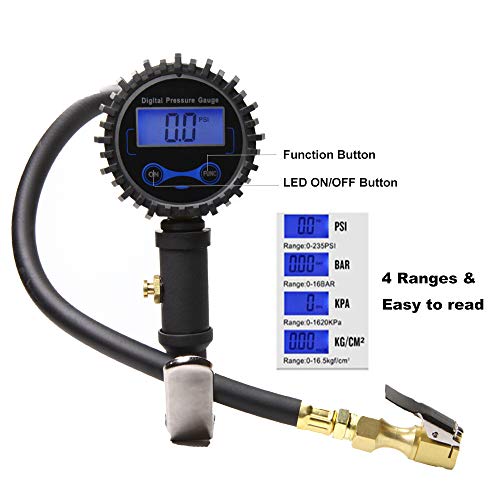 KEDAKEJI Digital Tire Inflator with Pressure Gauge, 250 PSI Air Chuck and Compressor Accessories Heavy Duty with Rubber Hose and Quick Connect Coupler for 0.1 Display Resolution, Black K250PG - Thumbnail 2
