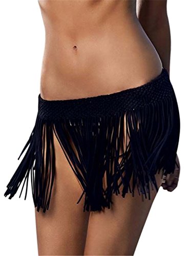 Moxeay Women Elastic Waist Crochet Tassel Fringe Cover up Mini Skirt (XS-M, Black)