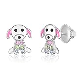Kids Earrings - 925 Sterling Silver with a White Gold Tone Pink Enamel and Crystal Dog Screwback Earrings MADE WITH SWAROVSKI ELEMENTS Kids, Children, Girls, Baby
