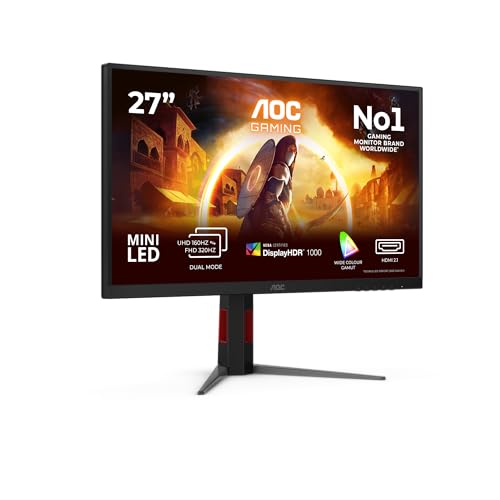 AOC U27G4XM 27 inch USB Hub Gaming Monitor, 160Hz/320Hz dual mode, Fast IPS Panel, 1ms GtG, HDR1000, G-Sync Comp., Height Adjustment,(3840x2160@160Hz; 1920x1080@320Hz HDMI 2x 2.1 DP 1x 1.4) Black