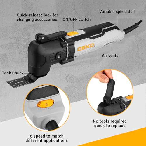 DEKOPRO Herramienta Multiherramienta oscilante de 300W, 15 000-22 000 rpm, Multitool Eléctrico con Cable, Control de 6 Velocidades, Incluye 20 Hojas de Lija, Apto para Madera, Plástico y Metal