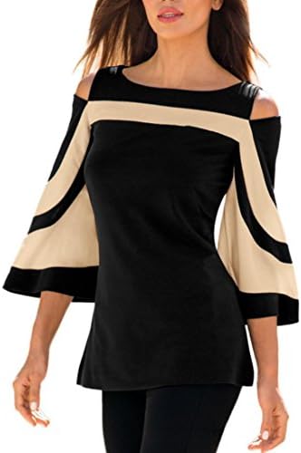 DaySeventh Women's Patchwork Cold Shoulder 3/4 Sleeve Pullover Tops Blouse T-Shirt (L, Black)