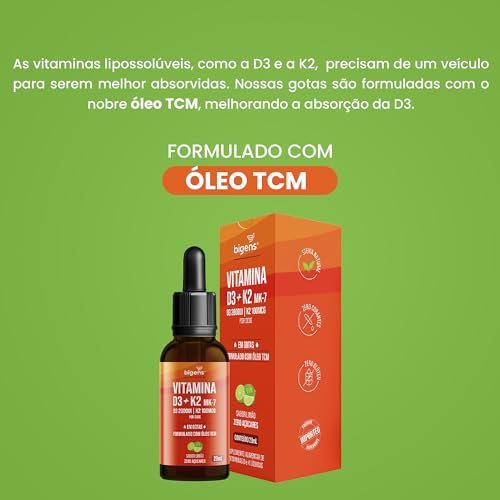 Biogens Vitamina D3 + K2 MK-7, em Gotas, D3 2000UI | K2 100mcg, Sabor Limão, Kit 2x 20ml