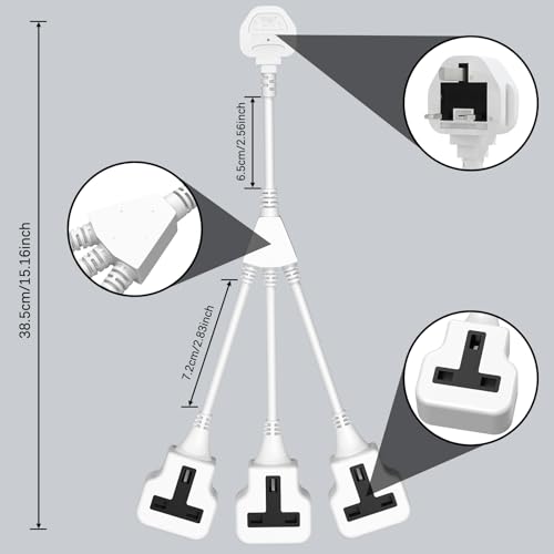 HITRENDS 3 Way Extension Lead with Flexible Cable, 3-n-1 Extension Cable, Adapter Plug UK Turn 1 to 3, Short Extension Lead White