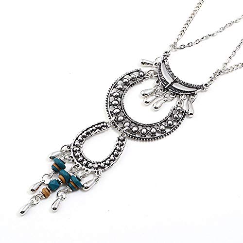 Hanloud Boho Chain Choker Necklace Layer Turquoise Beads Moon Horseshoe Pendant Necklace - Thumbnail 3