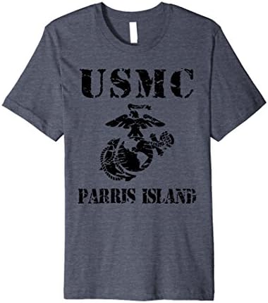 Mens US Marine Corps USMC Distressed Parris Island T-Shirt Large Heather Blue