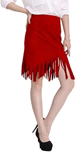 Women Faux Suede Tassel Fringe Irregular Hem One-step Hope Straight Skirt Red