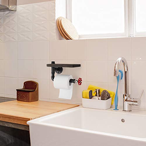 JS NOVA JUNS Paper Tower Holder Wall Mount, Industrial Toilet Paper Holder with Wood Shelf, Wrought Iron Pipe Tissue Holder for Bathroom, Washroom, Black