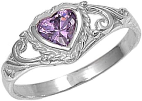 Size 2 Purple Heart Shaped Ring-Silver Color Imitation February Birthstone Ring-Small Ring for Fingers