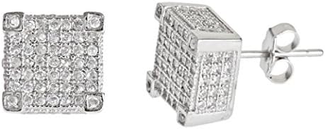 SQUARE SHAPE 925 SILVER 14K WHITE PLATED WHITE C.Z STONES ON ALL SIDES STUD EARRINGS MEN 10MM PUSH BACK
