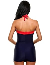 Ekouaer monokini, traje de baño de una sola pieza con tiras, estilo marinero, retro, para mujer, traje de baño monokini de cintura alta, clásico, traje de baño a rayas, estilo halter
