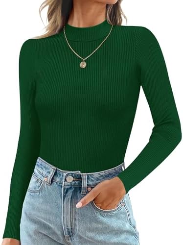 Ekouaer Mock Turtle Necks Tops for Women Long Sleeve Ribbed Shirts Thermal Slim Fit Lightweight Undershirts Green M