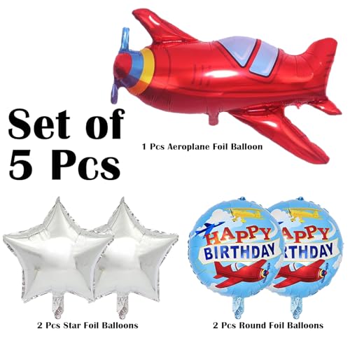 Rozi Decoration Airplane Theme Birthday Party Foil Balloons Set – Red Plane, Star and Round Happy Birthday Balloons Decoration Kit for Kids Party Supplies Set of 5 Pcs 1