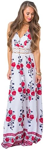 Women's Navy Rosy Floral Print Crochet Detail Sexy Long Boho Maxi Dress Summer