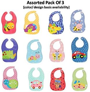 Kassy Pop Baby Plastic Waterproof BPA-less Soft Reusable Comfort Fit Bib with Velcro Closure (Assorted) - Pack of 3