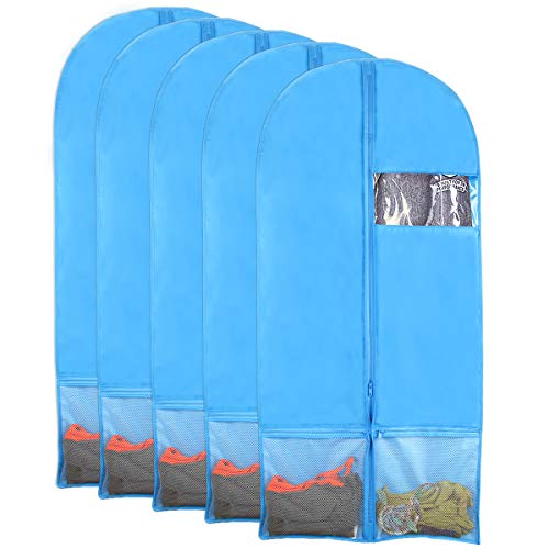 Kernorv Breathable Dust-Proof Garment Bags, Set of 5 Environmental Zipper Garment Bags for Dance Costumes, 51" Foldable Dance Garment Bags with Clear Window for Dance Dress, Storage or Travel (Blue)