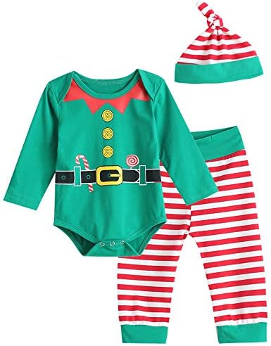 Christmas Elf Outfit Set Baby Boy Girl Xmas Striped Bodysuit with Hat