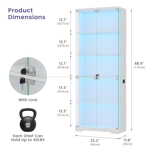 Dystler 69" RGB LED Display Cabinet 5-Tier Shelves & Lockable Glass Doors | 12 RGB Modes, Motion Sensor Auto-Light, Push-to-Open Glass Doors, Lockable, 5-Tier Wooden Shelf
