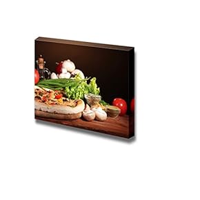 Delicious Pizza Vegetables and Spices on Wooden Table Wall Decor