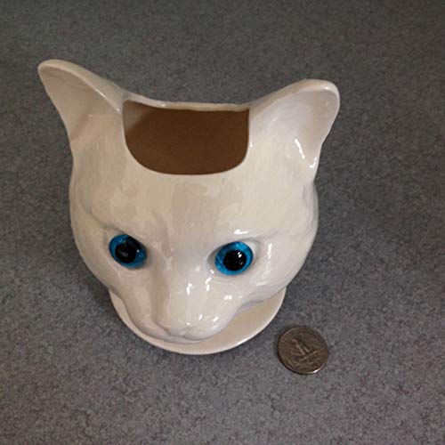 Handmade White Ceramic pot Succulent herb pot, Glass Blue Eyes, New Cat Doll head ceramic planter on saucer with drain holes Toothbrush or, desktop pencil holder