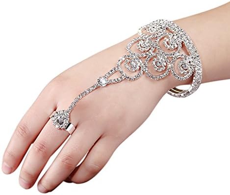 Wedding Bridal Crystal Slave Bracelet Cuff Finger Ring Set for Women Hand Harness Chain (Silver)