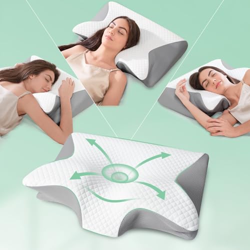 FEYIDEO Cervical Pillow, 2 in 1 Ergonomic Memory Foam Pillow Pillows for Neck Side Sleeper, Back and Mouth Down, 60 x 40 x 12/14 cm (Grey)