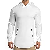Men's Gym Workout Long Sleeve Hoodies Training Sports Pullover Casual Hooded Sweatshirts with Zipper Pockets WHITE L tag XXL