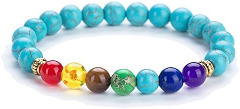 XAvoe Fashion Yoga 7 Chakra Crystal Beads Hamsa Hand Charm Healing Stone Bracelets for Women and Men (BLYG-Blue turquoise)
