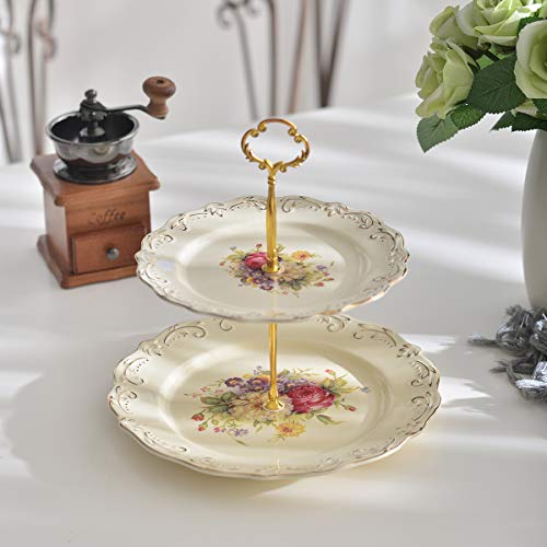 YOLIFE Flowering Shrubs Pattern 3 Tiered Cupcake Stand,Emboss Golden Leaves Edge Tea Party Pastry Tower,6-8-10 inch