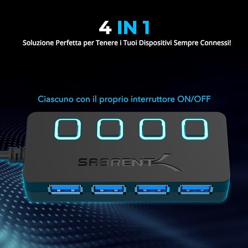 SABRENT USB 3.2 Gen 1 Hub [4 Ports] USB Power Strip Power Strip USB Splitter, Single ON/OFF Switches and LED Lights with Power Supply for PS4/PS5, PC, Laptop, USB Flash Drive (HB-UMP3)