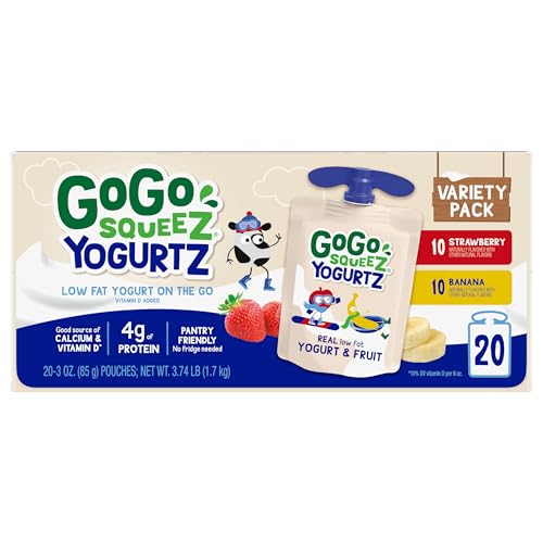 GOGO SQUEEZ YOGURTZ VARIETY PACK, STRAWBERRY & BANANA, 3 OZ (PACK OF 20), KIDS SNACKS MADE FROM REAL YOGURT AND FRUIT, NO FRIDGE NEEDED, GLUTEN FREE, NUT FREE, RECLOSEABLE CAP, BPA FREE POUCHES