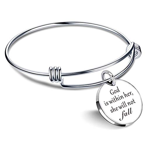SOUSYOKYO "God is Within her. she Will not Fall" Handmade Beautiful Christian Bangle Charm Bracelet
