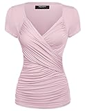 Zeagoo Women's Cross-front V Neck Pullover T-Shirt Ruched Blouse Top (XXX-Large, Pink)