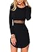 Leadingstar Women Crew Neck Long Sleeve Crop Top Midi Skirt Outfit Two Piece Bodycon Short Dress Black M