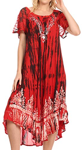 Sakkas 16601 - Ronny Lace Embroidered Cap Sleeve Tie Dye Wash Caftan Dress/Cover Up - Black/Burgundy - OS