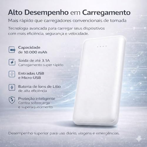Power Bank Carregador Portátil Universal 10000mAh com Cabos Integrados USB-A, USB-C (Type-C), Micro-USB e USB-Light Carregamento Rápido Bateria Externa Compacta para Celular Android iOS(Branco)