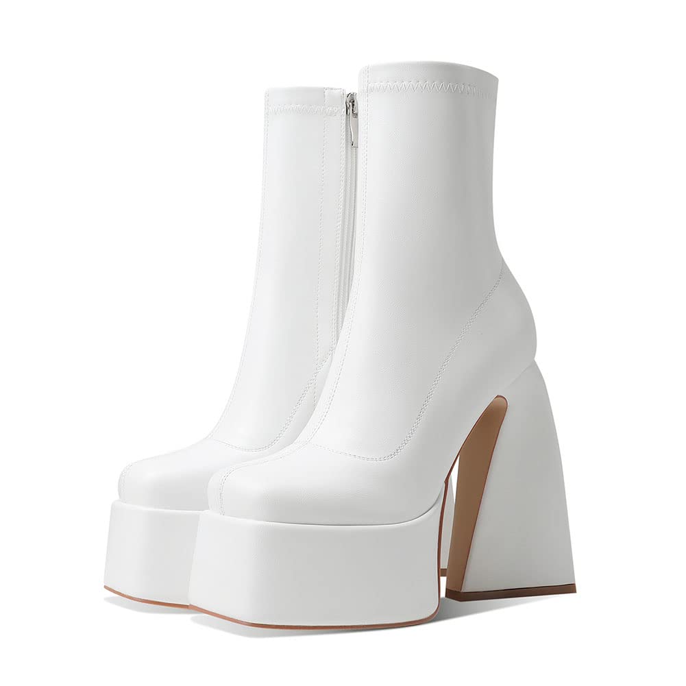 Photo 1 of ****SIZE 8***
Uacllcau White Platform Boots for Women Ankle Booties Square Toe Chunky High Heel Boots Side Zipper Mid Calf Boots