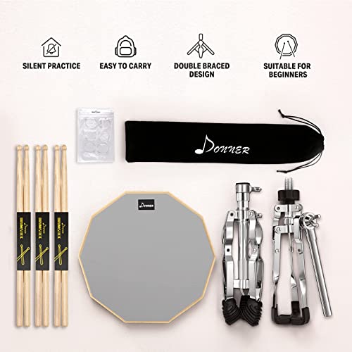 Donner Snare Drum Stand Set with Drum Practice Pad, 12'' Doublesided