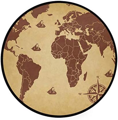 World Map Brown Compass Area Rugs Round Rug Non-Slip Soft Carpet Yoga Baby Kid's Play Pet Floor Mat for Bedroom Living Room Playroom