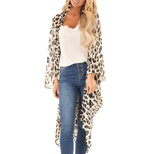 Women Fashion Sexy Short Sleeve Kimono Leopard Print V-Neck Long Cardigan