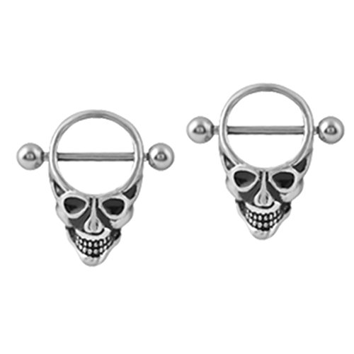 SunniMix 2 Pairs Punk Gothic Skeleton Shield Nipple Ring Stainless Seel Teeth Head Halloween 14g 18g