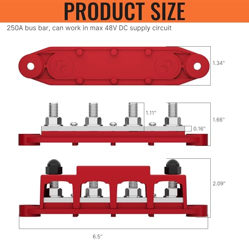 Joinfworld Bus Bar 12V 250A Power Distribution Block with 4 x 3/8" Studs 12 Volt Marine Battery Busbar Terminal Block with Cover - Negative&Positive