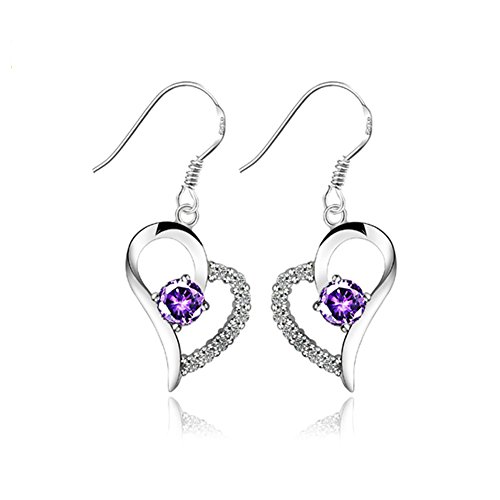 Sealike Heart-shaped Rhinestone Crystal Earrings 925 Sterling Silver Plated Stud Eardrop Hoop with Stylus (Purple)