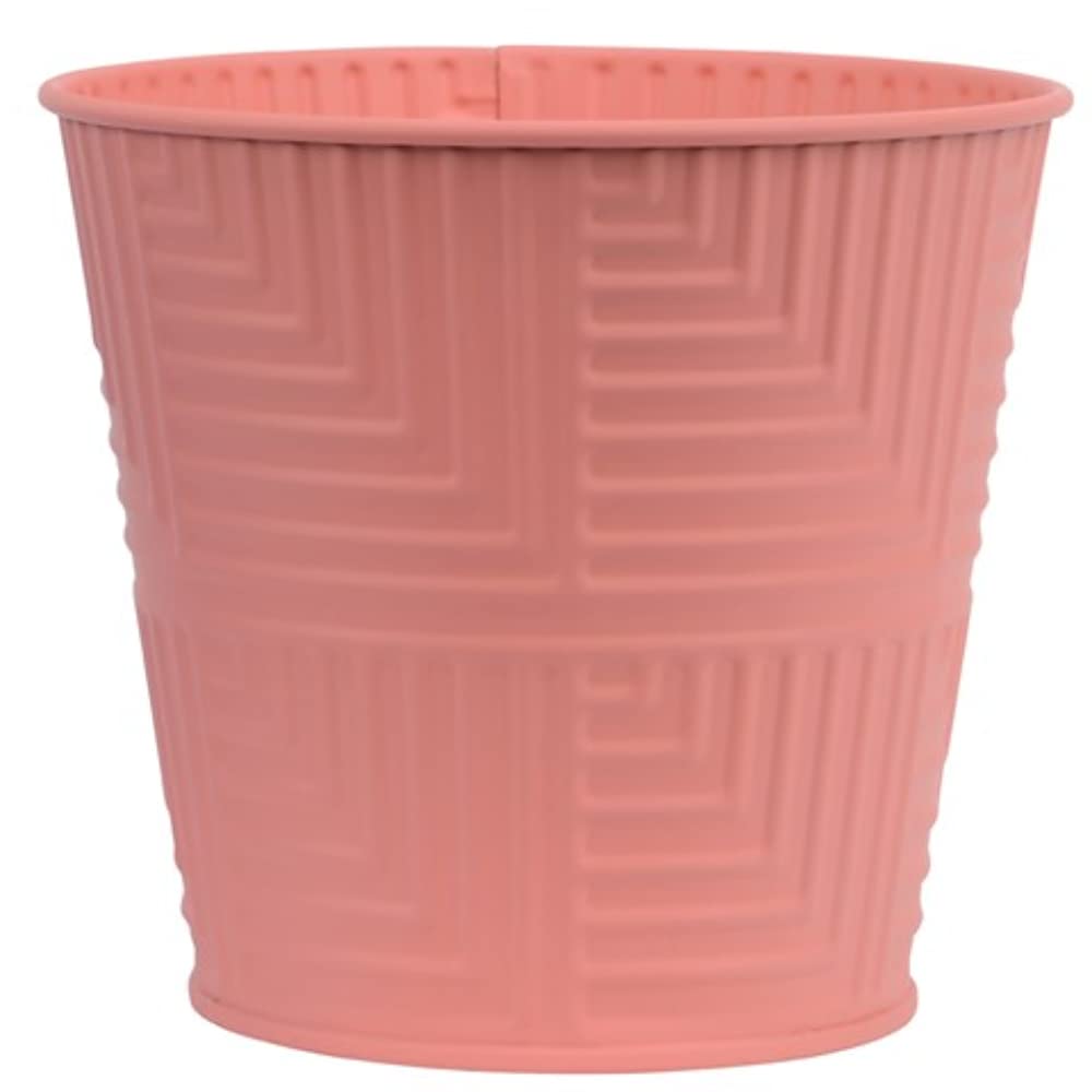 Coloured Metal Plant Flower Pot/Planter with Textured Geometric Line Detail - 12.5 cm - Coral Pink, Blue or Green… (Coral Pink)