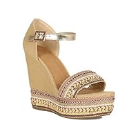 Alrisco Women Open Toe Beaded Trim Platform Wedge Sandal RF70 - Tan Mix Media (Size: 10)