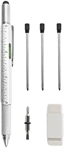 Linseng 6 in 1 Multi Tool Pen and Eraser for Ballpoint Pen Extra 3 Ballpoint Refills, Stylus, Flat-head and Phillips Screwdriver, ruler, Spirit Level, Ballpoint Pen for Mens Gift (Silver)